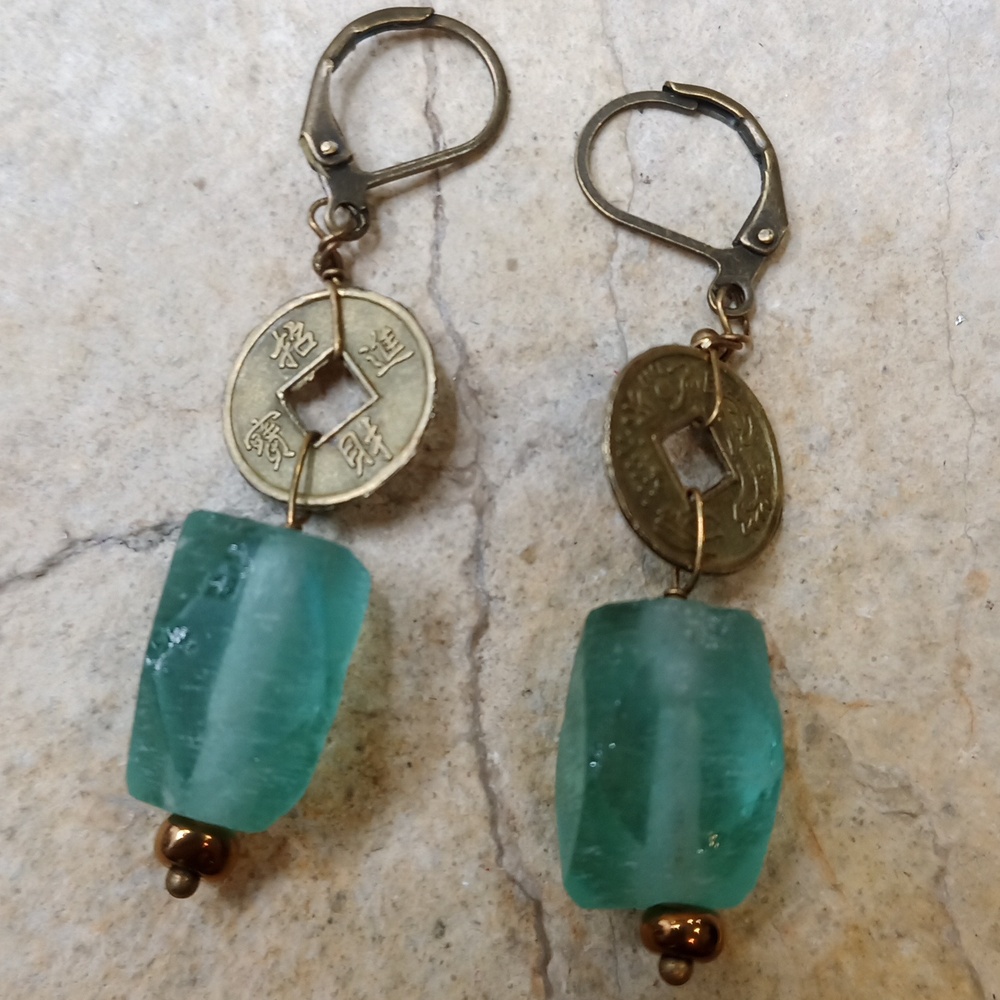 Green Sea glass Earrings with Brass Chinese Coin